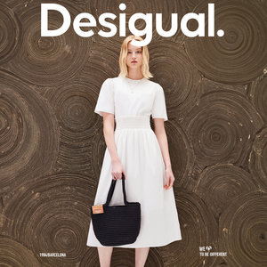 
Desigual high waist needle woven splicing Simak rubber waist-closed round neck white dress