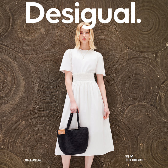 
Desigual high waist needle woven splicing Simak rubber waist-closed round neck white dress