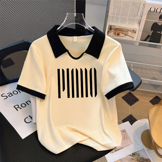 Large size polo shirt, front shoulder pure cotton short-sleeved T-shirt for women in summer, slightly fat mm fashionable and versatile slim short top
