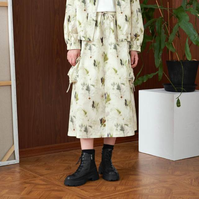 PATAVINITY printed elastic waist skirt for women in spring and autumn style, versatile, fresh and age-reducing elegant mid-length skirt
