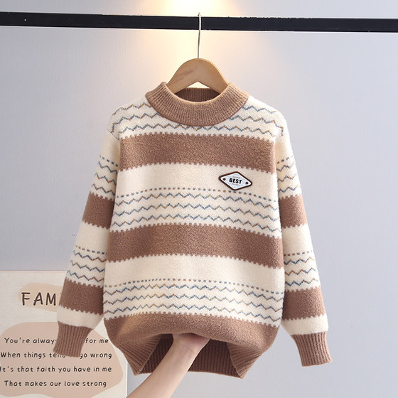 Boys' autumn and winter sweater thickened 2025 new striped sweater children's boy pullover knit sweater fashionable base