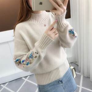 
Half turtleneck pullover 2023 sweater for women autumn and winter new version woolen sweater for women long-sleeved embroidered knitted bottoming shirt for women