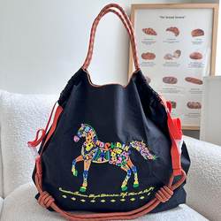 Japanese Genuine Ball Chain Eco-Friendly Bag Floral Horse Embroidery Nylon Canvas Bag Shopping Bag Single Shoulder Crossbody for Women