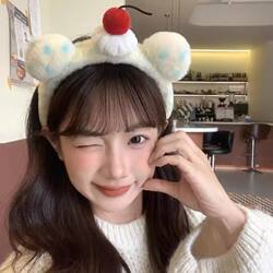 Cute Plush Cherry Bear Ear Headband Autumn and Winter Face Washing Headband High Cranial Top Hair Accessory Girl Birthday Headwear
