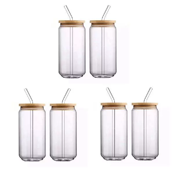  [ 6pcs Set ] Glass Cups with Bamboo Lids and Glass