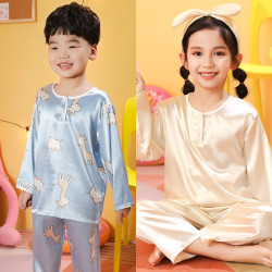Children's pajamas boys and girls ice silk long sleeves boys suit medium and big children summer baby silk thin home clothes