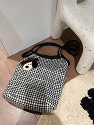 Retro Large-Capacity Plaid Bucket Bag, Black and White Plaid Commuter Tote Bag, Japanese Style Lazy Style Hand-Held Armpit Canvas Bag