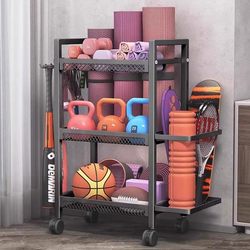 2025 New Model Movable Home Yoga Mat Dumbbell Storage Sports Equipment Rack Fitness Equipment Storage Basket
