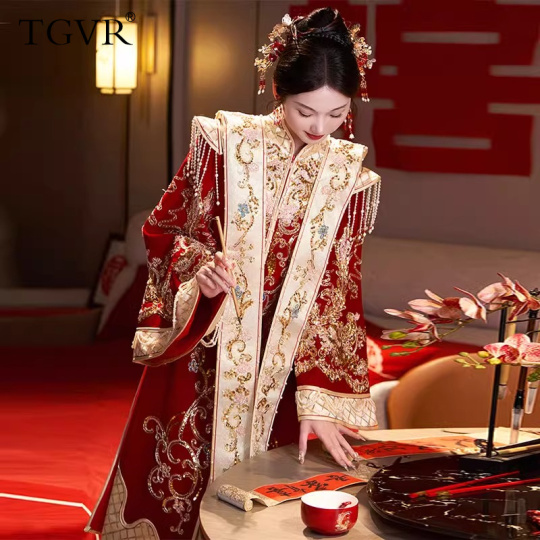 Tgvr 2024 夏の中国の花嫁漢服 - 鳳凰冠ウェディングガウン