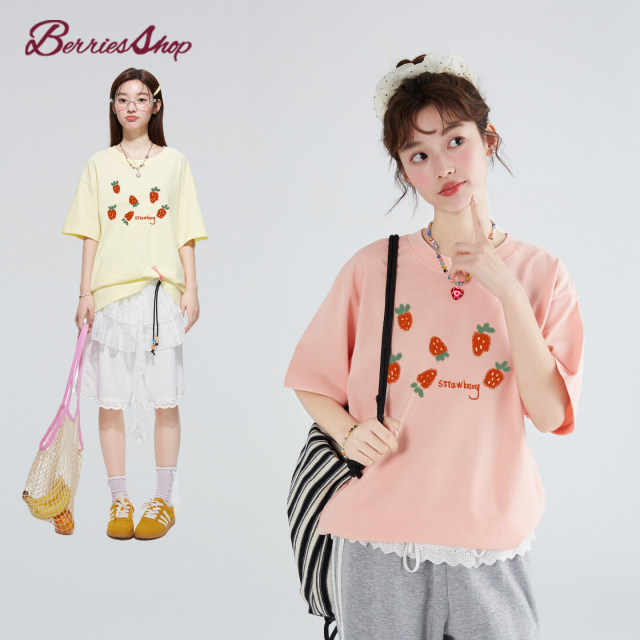 Raspberry Store Cartoon Korean Strawberry Round Neck Short Sleeve T-shirt 2025 Pink New Versatile Sweet Loose Top