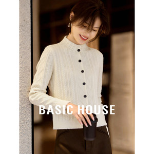 
Basic House/Baijiahao off-white cable knitted cardigan women's hem tassels lazy style round neck sweater