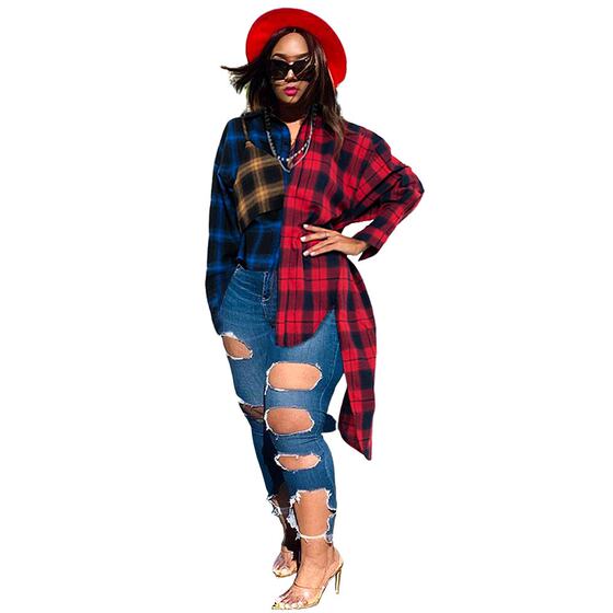 
GL6313 Amazon European and American sexy women's cross-border nightclub stitching contrasting color irregular plaid shirt top