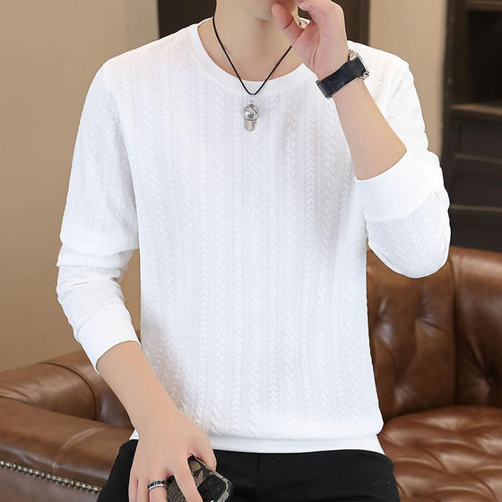 
Three-dimensional jacquard sweatshirt for men in spring and autumn, simple long-sleeved T-shirt, thick velvet inner layer, autumn and winter bottoming shirt, men's top