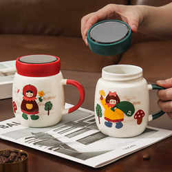 Cute Cartoon Ceramic Mug with Mirror Lid, Office Cup, Couple Cup, Souvenir, Large Capacity Coffee Cup