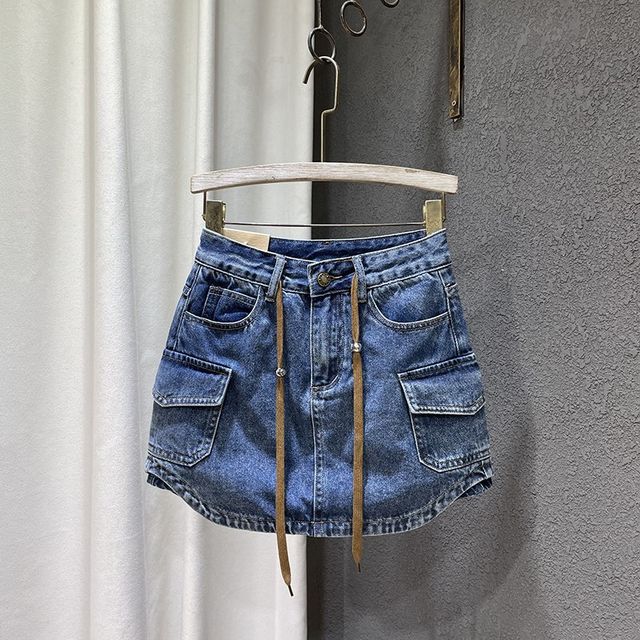 2024 autumn and winter new style loose P high waist slim lace-up denim skirt female hot girl a-line hip short skirt