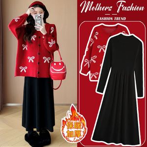 
Maternity Suit 2024 New Autumn and Winter Fashionable Fashionable New Year Red Sweater Cardigan Dress Two-piece Set for Women