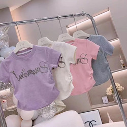 Girls' Letter Short-Sleeve T-Shirt Summer Wear 2024 New Style for Older Children, Korean Style Niche Pleated Elastic Half-Sleeve Top