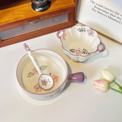 Beautiful Ceramic Noodle Bowl with Handle, Personal Household Tableware, Fruit Salad Bowl, Soup Bowl and Plate Set for Home Use