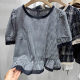 Lace spliced ​​puff sleeve plaid shirt for women 2025 summer round neck ruffle age-reducing doll shirt short-sleeved top
