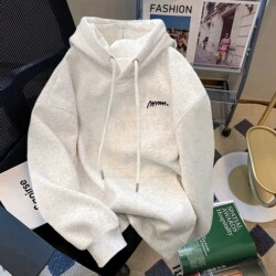 Heavyweight Trendy Brand Letter Print White and Gray Hooded Sweatshirt for Men, 2026 Men's Sweatshirt, New Autumn Loose Fleece-Lined Jacket