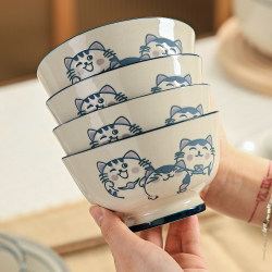 Jingdezhen Ceramic Underglaze Color High-Temperature Fired Japanese-Style Cartoon Minimalist Cat-Themed Leisure Soup Bowl, Noodle Bowl, Soup Pot, Rice Bowl