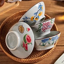 Jingdezhen Ceramic Tableware Rice Bowl Underglaze Color Chinese Retro Song Style 5.8inch Deep Wine Bowl - [Two-Color Combination]
