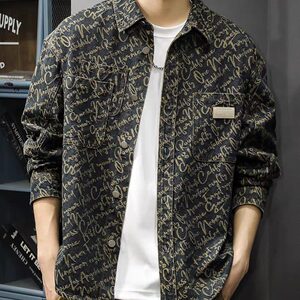 
Retro jacquard denim shirt men's spring and autumn washed distressed lapel casual shirt jacket trendy brand ins
