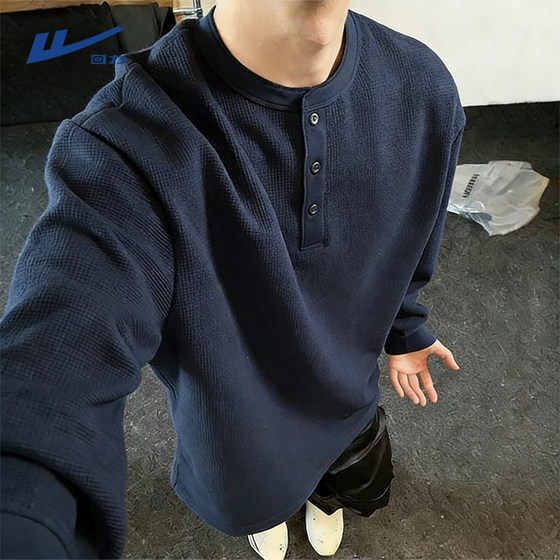 
Pull back Henry collar t-shirt men's spring simple basic style with navy blue waffle long-sleeved bottoming shirt Y
