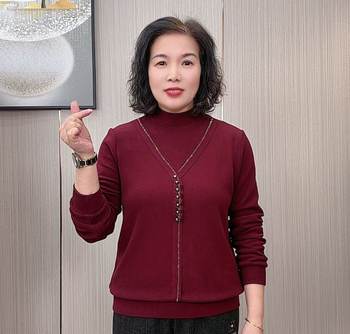 
Mom's fashionable hot diamond half turtleneck solid color bottoming shirt winter new style plus velvet and thickened flesh-covering slim fit top