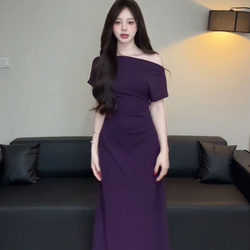High-End Pure and Alluring Short-Sleeved Off-Shoulder Slit Dress, Elegant and Slim-Fitting Bodycon Dress with One-Shoulder Niche Design
