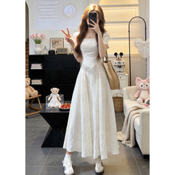 First Love White Short-Sleeved Dress for Women, Summer 2026 New Style, Puff Sleeves, Gentle Style, Korean Style Square Neck, Waist-Cinching Long Dress
