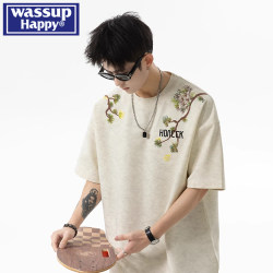 Wassup Happy Chinese-Style Short-Sleeve Top for Men, Summer New Chinese Trend Embroidered T-Shirt, Heavyweight Cool Half-Sleeve