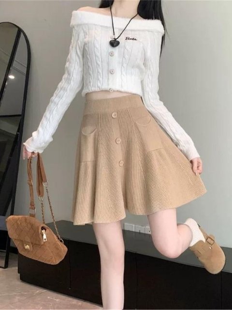 Fat MM pocket design high waist pleated knitted A-line skirt short skirt for women large size loose elastic waist versatile skirt