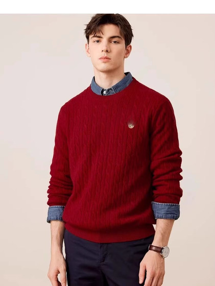 
Men's autumn and winter round neck retro cable 100% wool sweater loose thickened large size base shirt warm inner sweater