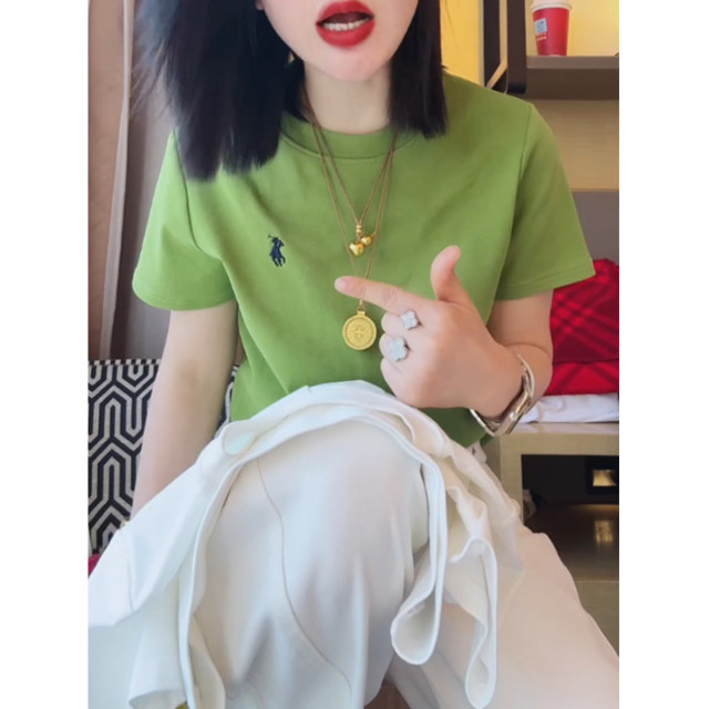 Pony embroidered apple green short-sleeved T-shirt women's summer 2025 new top short slim shoulder-length ladies
