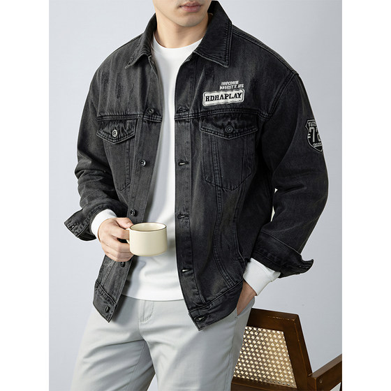 Embroidered cotton denim jacket men's spring and autumn 2025 new fashion brand American retro black jacket casual outerwear