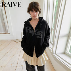 Raive2026 Spring Women's Top with Star Print and Rivets, Solid Color Double Zipper Hooded Sweatshirt Short Jacket