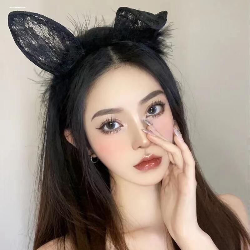 感性兔耳朵女郎蕾丝面罩半脸黑色面纱面具发箍眼罩套装拍照凹造型-淘宝网