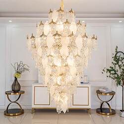 French-Style Cream-Colored Villa Duplex with High Ceiling Living Room Crystal Chandelier Modern Light Luxury High-End Leaf Lamp Staircase Lamp