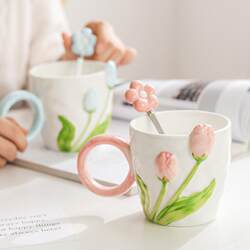 Ins High-Looking Tulip Mug with Niche Design, Ceramic Cup for Girls, Home Drinking Cup, Coffee Cup