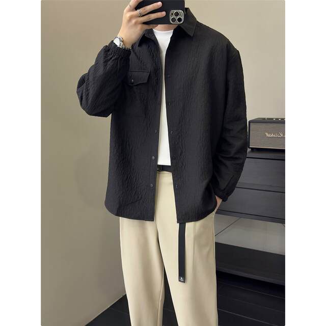 Japanese Functional Cargo Shirt Handsome High Street Long Sleeved Shirt Men Women Dark American Hip Hop Dark Black Chain Blouse