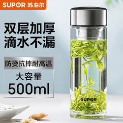 Supor Glass Cup for Men, Large Capacity Water Cup, Explosion-Proof, Drop-Resistant, High Insulation, Double-Layer Men's Tea Cup, New Model