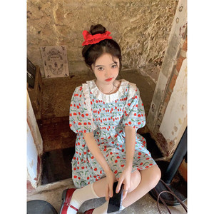 
Fan Wenwen Cherry Fruit Wine Puff Sleeve Floral Dress Women's Summer Sweet and Cute Lace High Waist A-line Skirt
