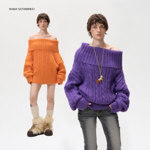 
10AM* Wool blended lazy style high-end sequined one-shoulder cable pullover purple thick sweater for women in winter