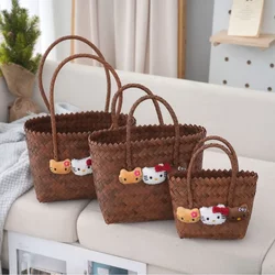 Woven Kitty Tote Basket Bag, Vintage Basket Shoulder Bag, Birthday Gift for Girls, Storage Basket, Beach Bag