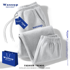 wassup运动裤女2024新款秋冬国潮宽松加绒休闲小个子灰色束脚卫裤