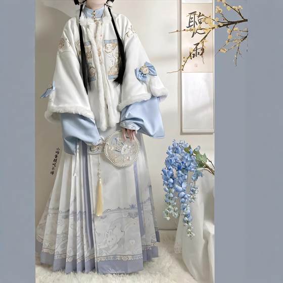 Original Hanfu Girl [Big White Rabbit] Ming system plus velvet thickened short jacket pipa sleeve clothing horse -noodle skirt set winter