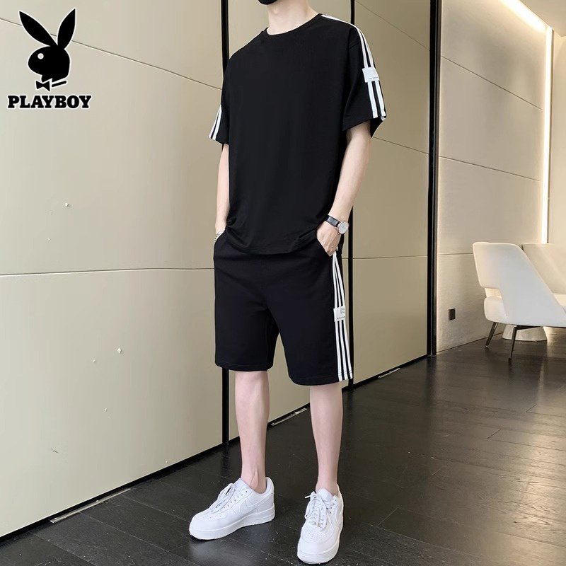 Мужской повседневный спортивный костюм Playboy — летняя футболка с короткими рукавами и круглым вырезом, шорты три четверти для мужчин