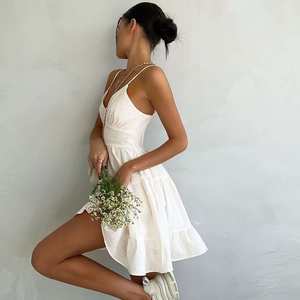 
2024 skirt for women in Europe and America summer new V-neck fish bone high waist A-line skirt short suspender skirt women clothes