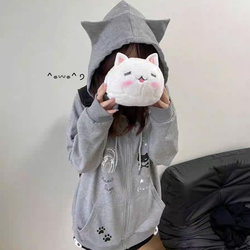 Japanese-Style Cute Cat Ear Hooded Sweatshirt for Women, Spring and Autumn Thin Style, Loose Zipper Jacket for Middle School Students, Anime Style
